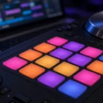 Close-up of glowing performance pads in sampler mode on a DJ controller in a dark booth.