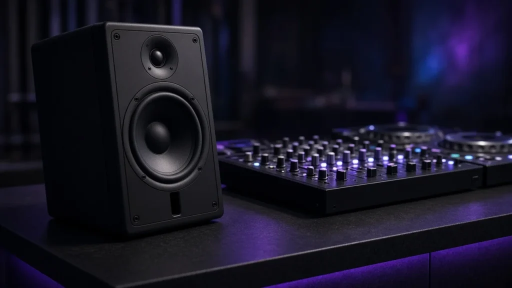 DJ booth monitor speaker angled toward a club mixer and media players in a dark DJ booth