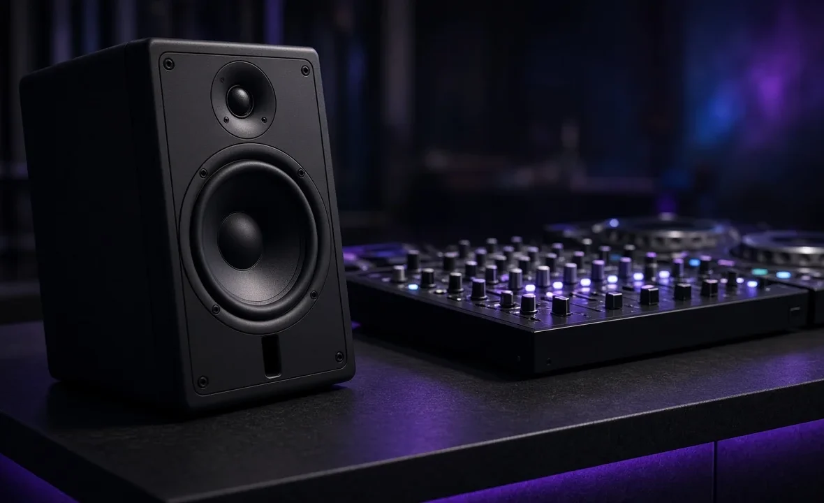 DJ booth monitor speaker angled toward a club mixer and media players in a dark DJ booth