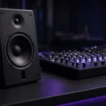 DJ booth monitor speaker angled toward a club mixer and media players in a dark DJ booth