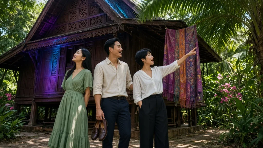 Three young Thai friends admiring a traditional teak house in a tropical garden in Bangkok