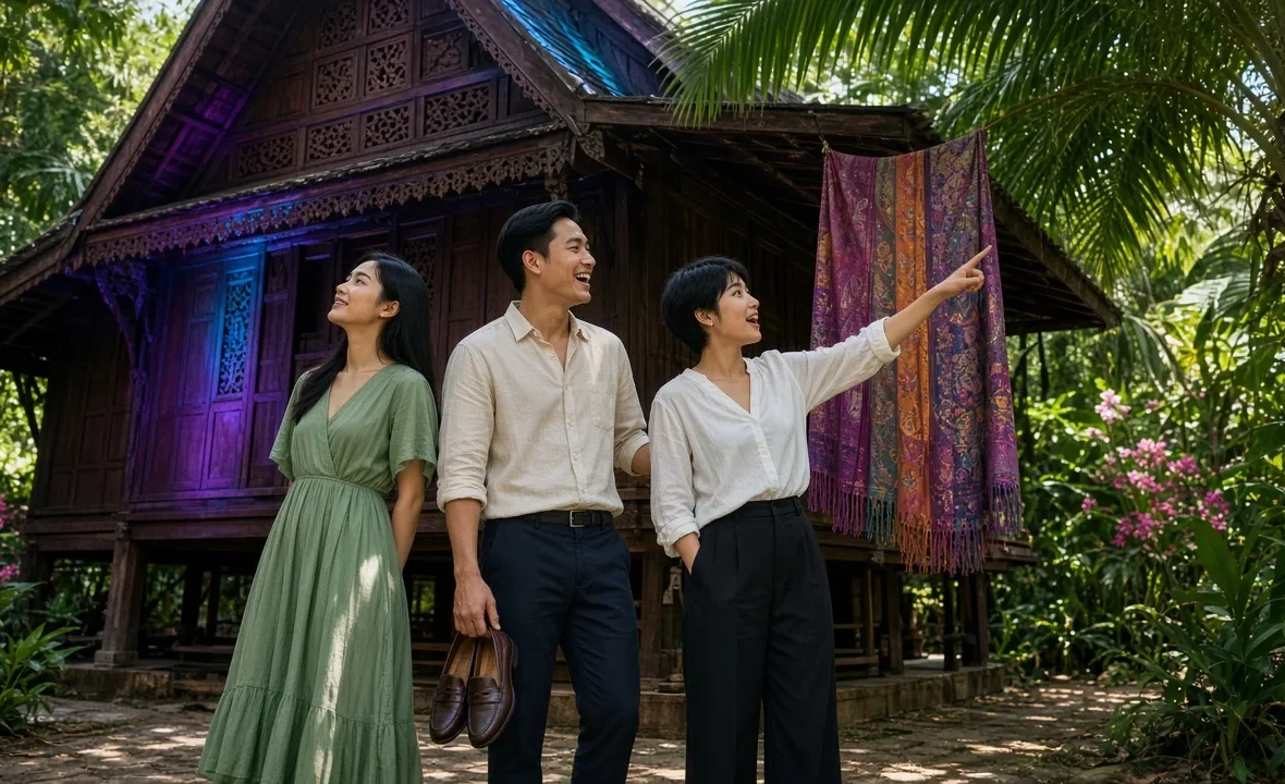 Three young Thai friends admiring a traditional teak house in a tropical garden in Bangkok
