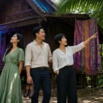 Three young Thai friends admiring a traditional teak house in a tropical garden in Bangkok