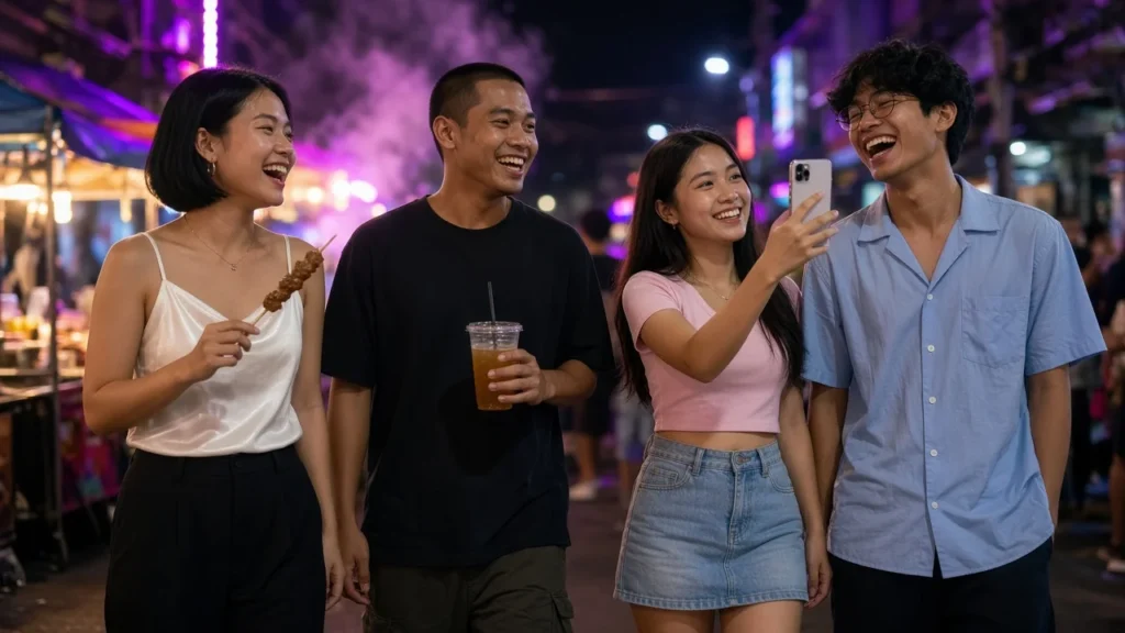 Young Thai friends laughing with street food on a neon-lit Bangkok backpacker street at night