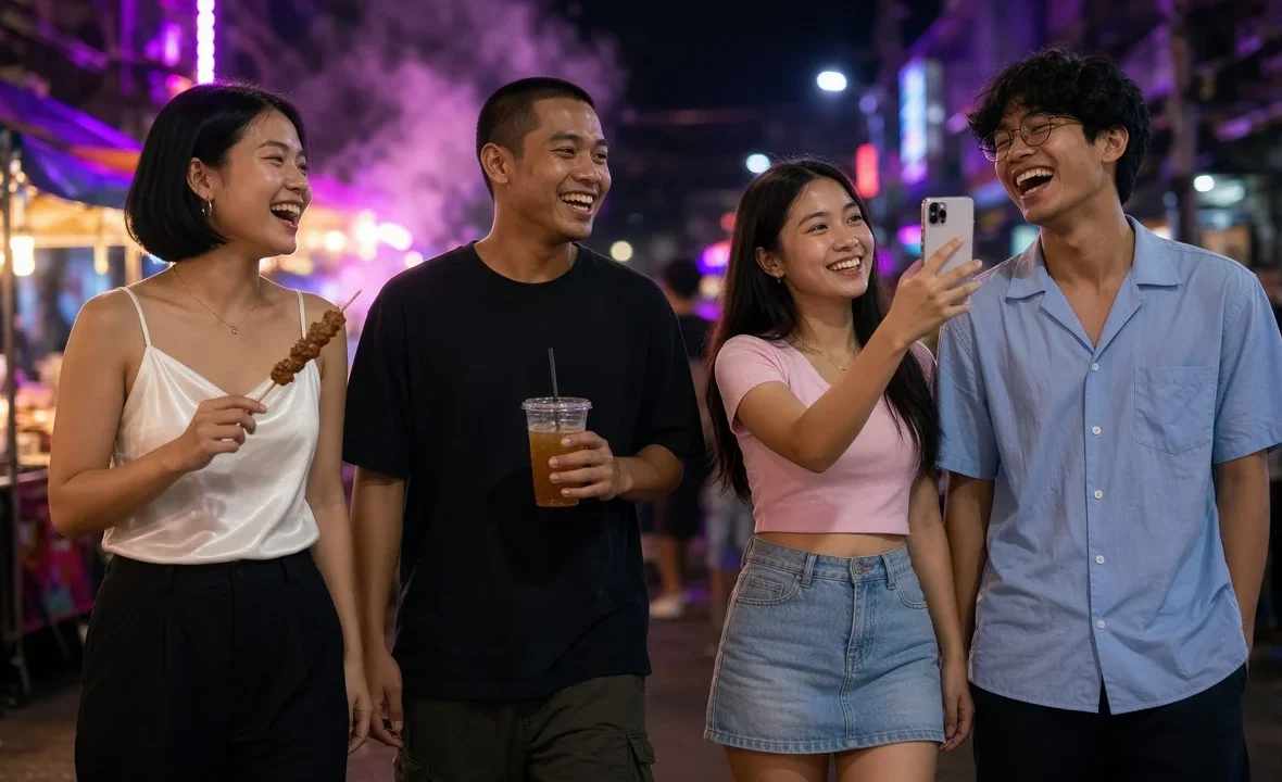 Young Thai friends laughing with street food on a neon-lit Bangkok backpacker street at night