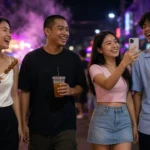Young Thai friends laughing with street food on a neon-lit Bangkok backpacker street at night
