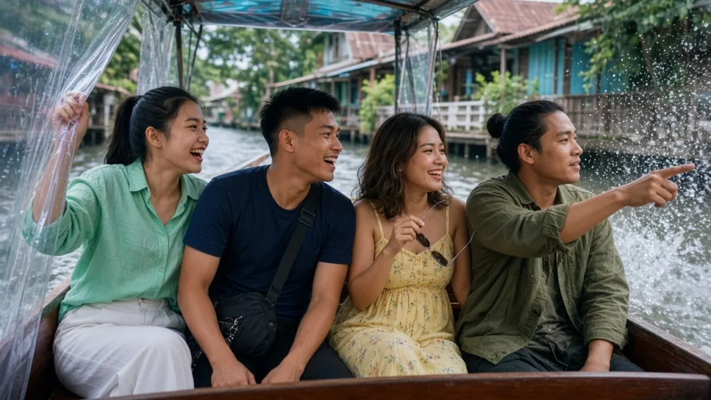 Young Thai friends riding a fast wooden commuter boat along a Bangkok canal, one lifting the side splash tarp