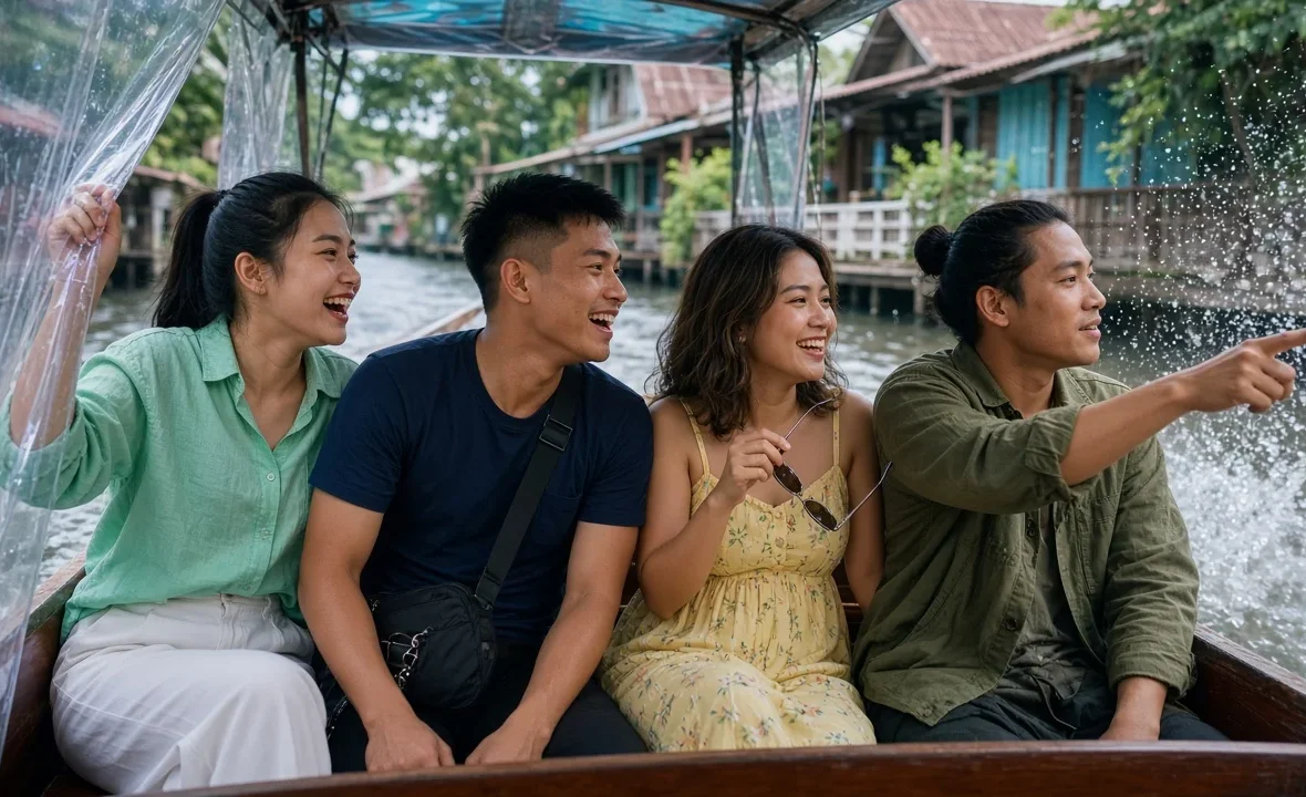 Young Thai friends riding a fast wooden commuter boat along a Bangkok canal, one lifting the side splash tarp