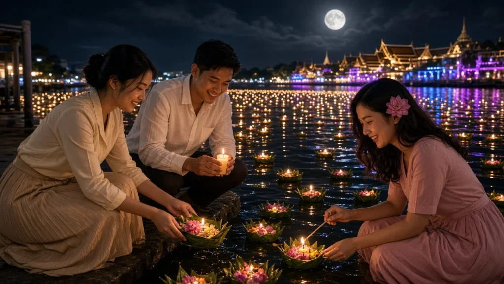 Young Thai adults floating candlelit krathongs on the river in Bangkok under a full moon