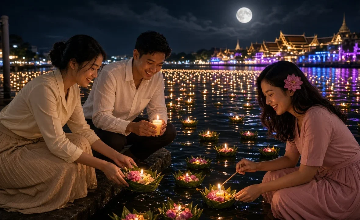 Young Thai adults floating candlelit krathongs on the river in Bangkok under a full moon