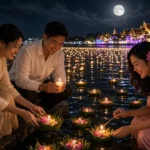 Young Thai adults floating candlelit krathongs on the river in Bangkok under a full moon