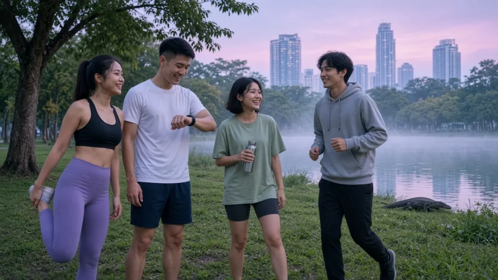 Young Thai friends stretching and jogging beside a misty lake in a Bangkok park at sunrise