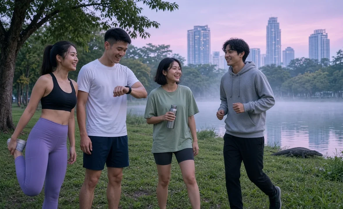 Young Thai friends stretching and jogging beside a misty lake in a Bangkok park at sunrise