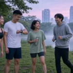 Young Thai friends stretching and jogging beside a misty lake in a Bangkok park at sunrise