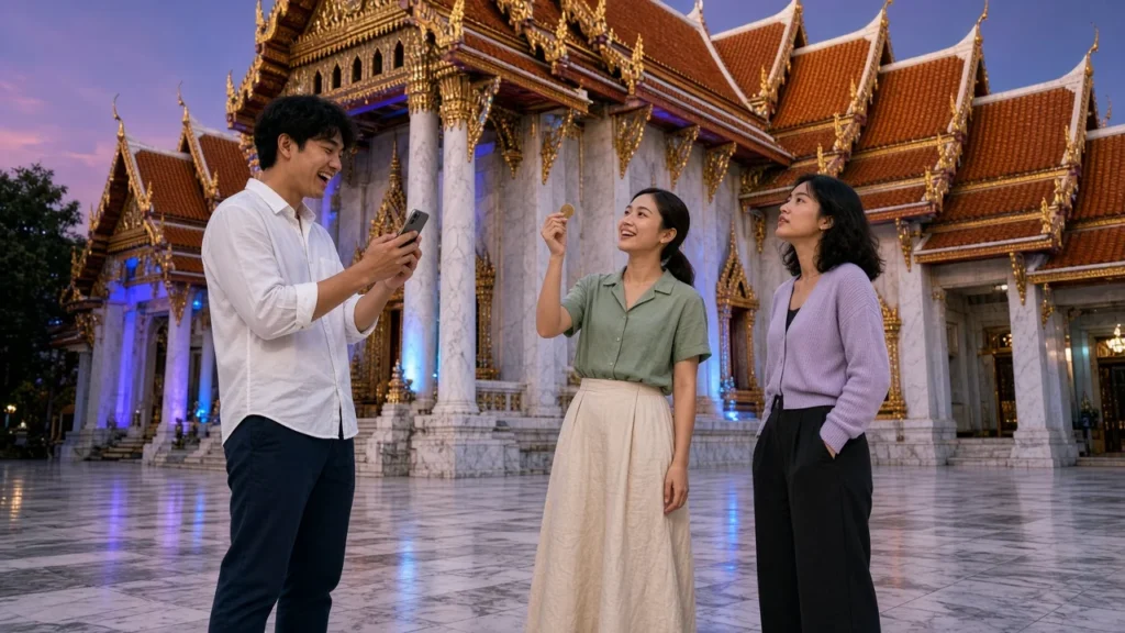 Three young Thai friends in modest clothes admiring the white marble ordination hall of the Marble Temple in Bangkok.