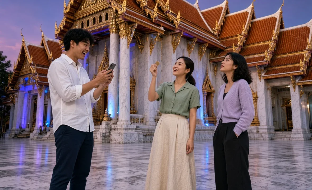 Three young Thai friends in modest clothes admiring the white marble ordination hall of the Marble Temple in Bangkok.