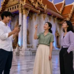 Three young Thai friends in modest clothes admiring the white marble ordination hall of the Marble Temple in Bangkok.