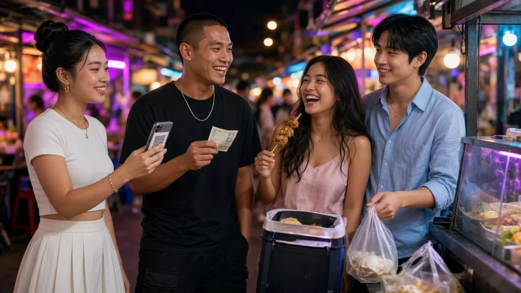 Young Thai friends paying with cash and a phone at a Bangkok night market food stall