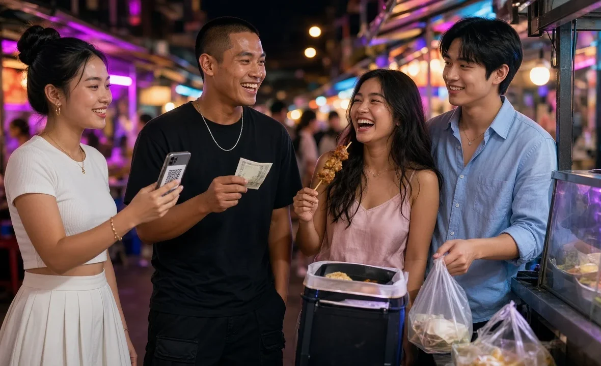 Young Thai friends paying with cash and a phone at a Bangkok night market food stall