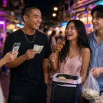 Young Thai friends paying with cash and a phone at a Bangkok night market food stall