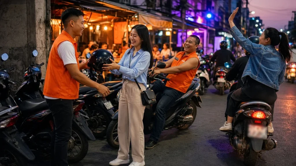 Young Thai passengers and riders in orange vests at a motorbike taxi stand at the entrance of a Bangkok soi