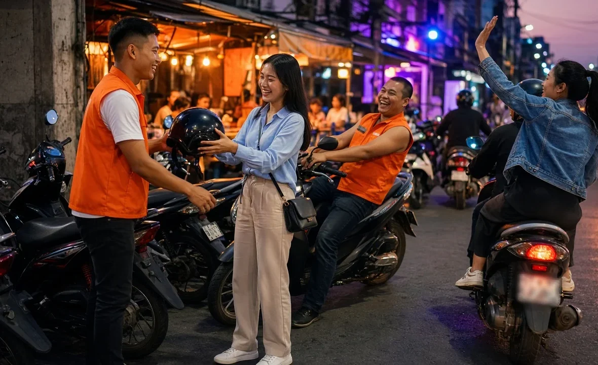 Young Thai passengers and riders in orange vests at a motorbike taxi stand at the entrance of a Bangkok soi