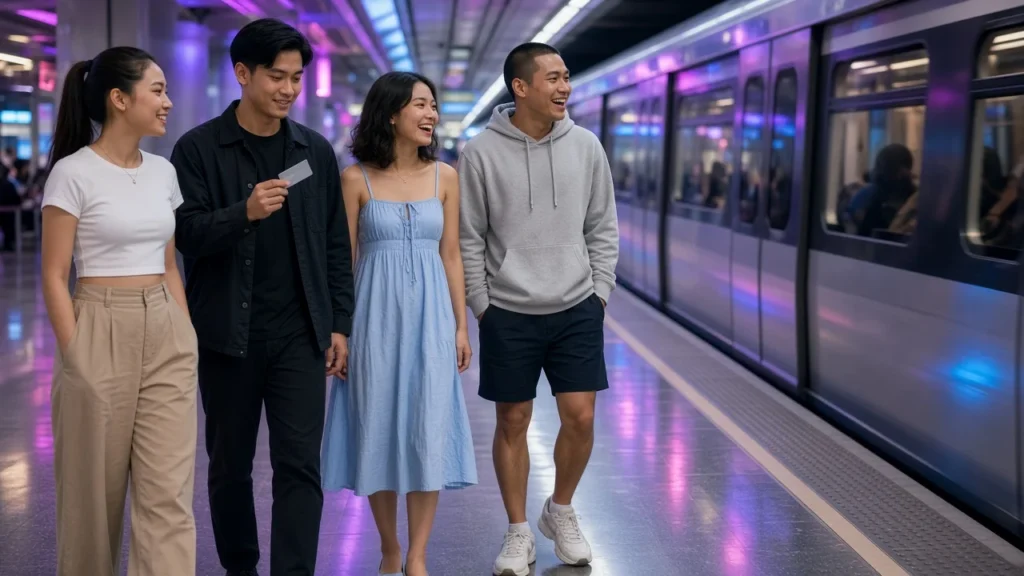 Young Thai friends on an underground metro platform as a train arrives in Bangkok