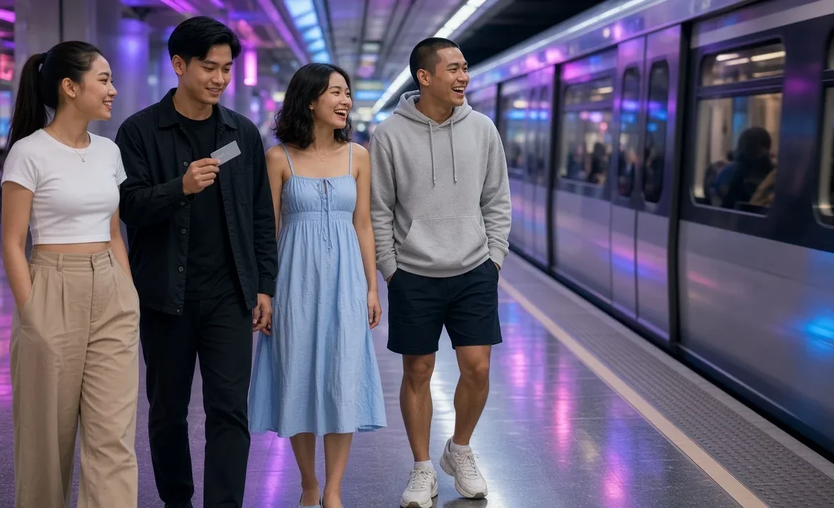 Young Thai friends on an underground metro platform as a train arrives in Bangkok