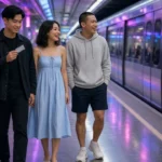 Young Thai friends on an underground metro platform as a train arrives in Bangkok