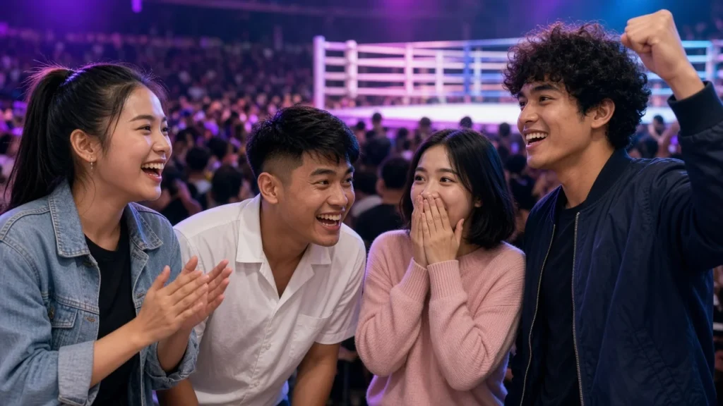 Young Thai friends cheering in the stands at a Muay Thai fight night in Bangkok