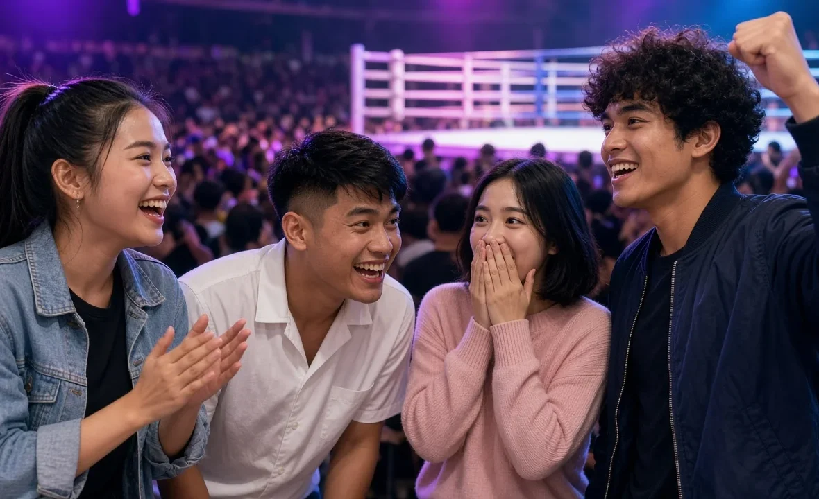 Young Thai friends cheering in the stands at a Muay Thai fight night in Bangkok