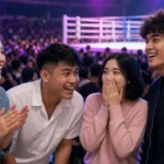 Young Thai friends cheering in the stands at a Muay Thai fight night in Bangkok