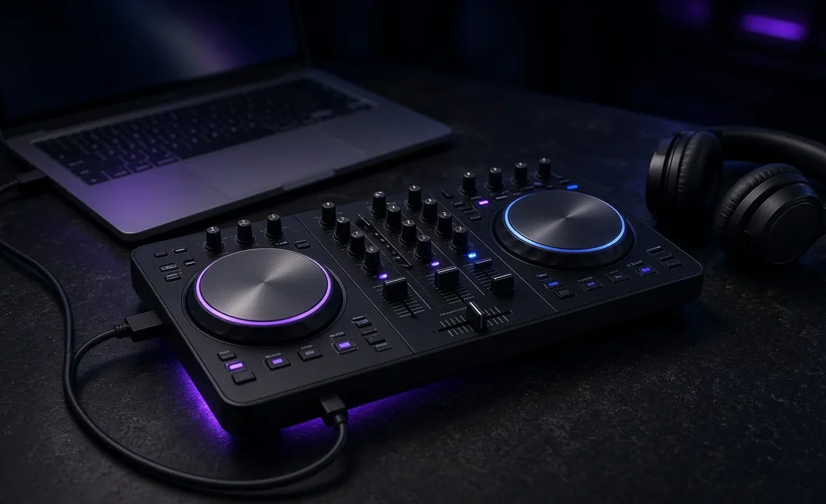 Compact DJ controller connected to a laptop with headphones beside it in a dark studio