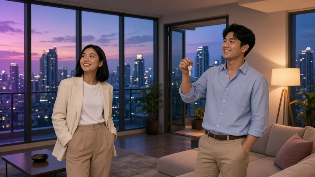 Young Thai couple viewing a modern Bangkok condo with a city skyline view at twilight