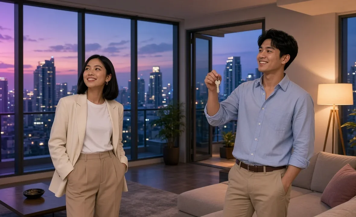 Young Thai couple viewing a modern Bangkok condo with a city skyline view at twilight