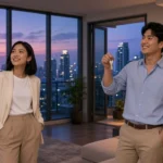Young Thai couple viewing a modern Bangkok condo with a city skyline view at twilight