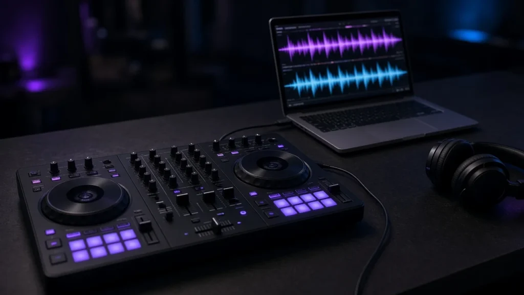DJ controller connected to a laptop showing two waveforms in a dark booth, comparing DJ software versions