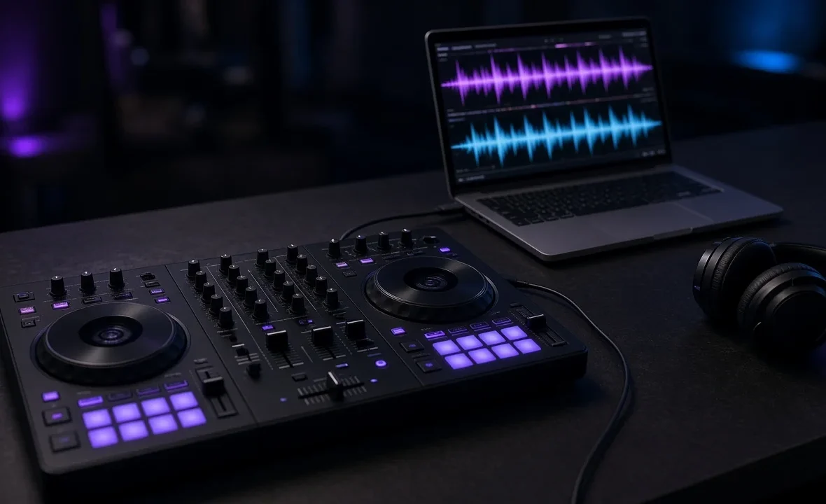 DJ controller connected to a laptop showing two waveforms in a dark booth, comparing DJ software versions