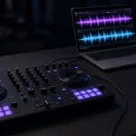 DJ controller connected to a laptop showing two waveforms in a dark booth, comparing DJ software versions
