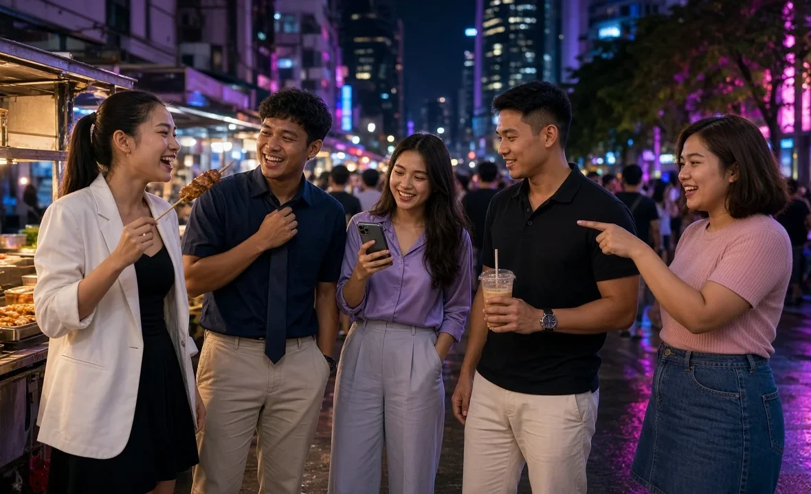 Five young Thai friends sharing street food on a Silom side street at dusk, with office towers behind.