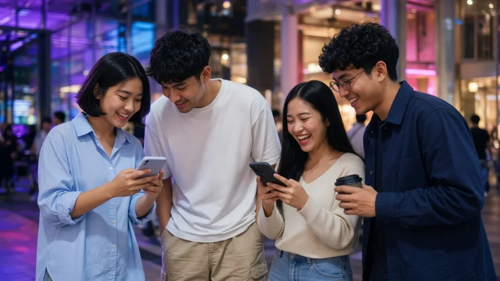 Young Thai friends checking their phones outside a Bangkok mall at night