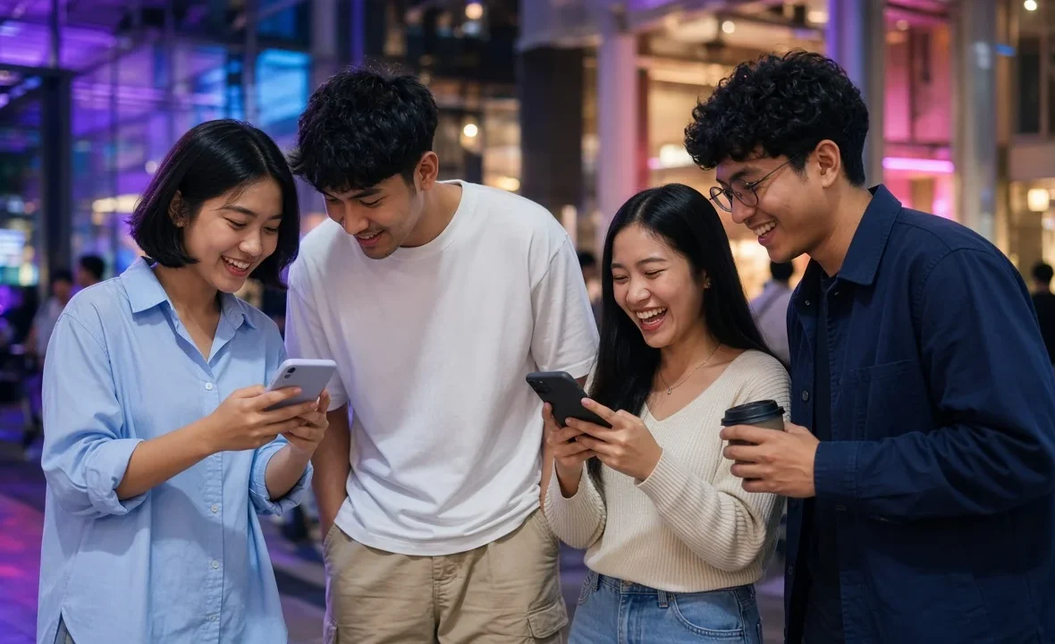 Young Thai friends checking their phones outside a Bangkok mall at night