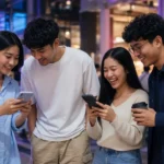 Young Thai friends checking their phones outside a Bangkok mall at night