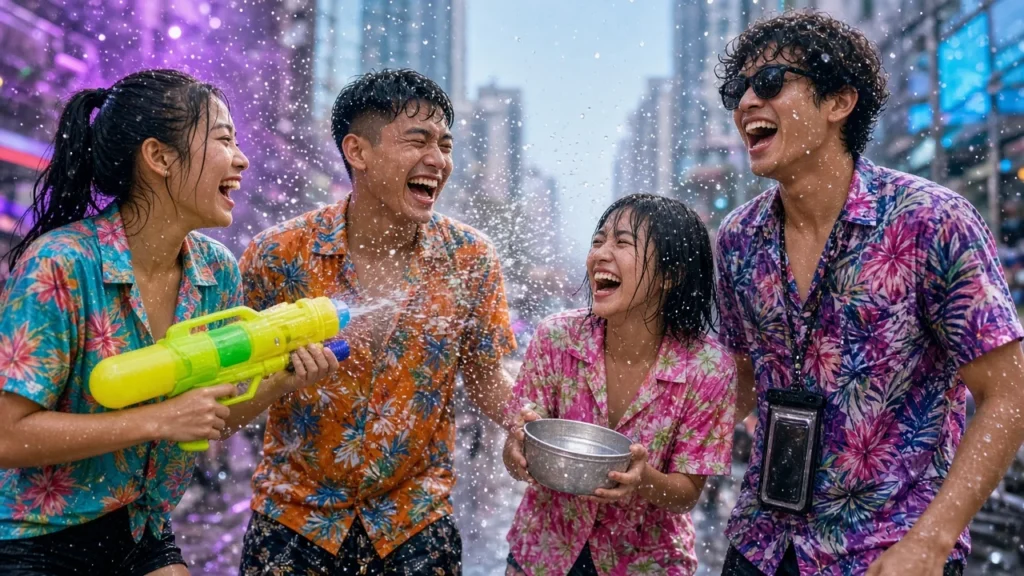 Young Thai friends in floral shirts laughing in a water fight on a Bangkok street during Songkran