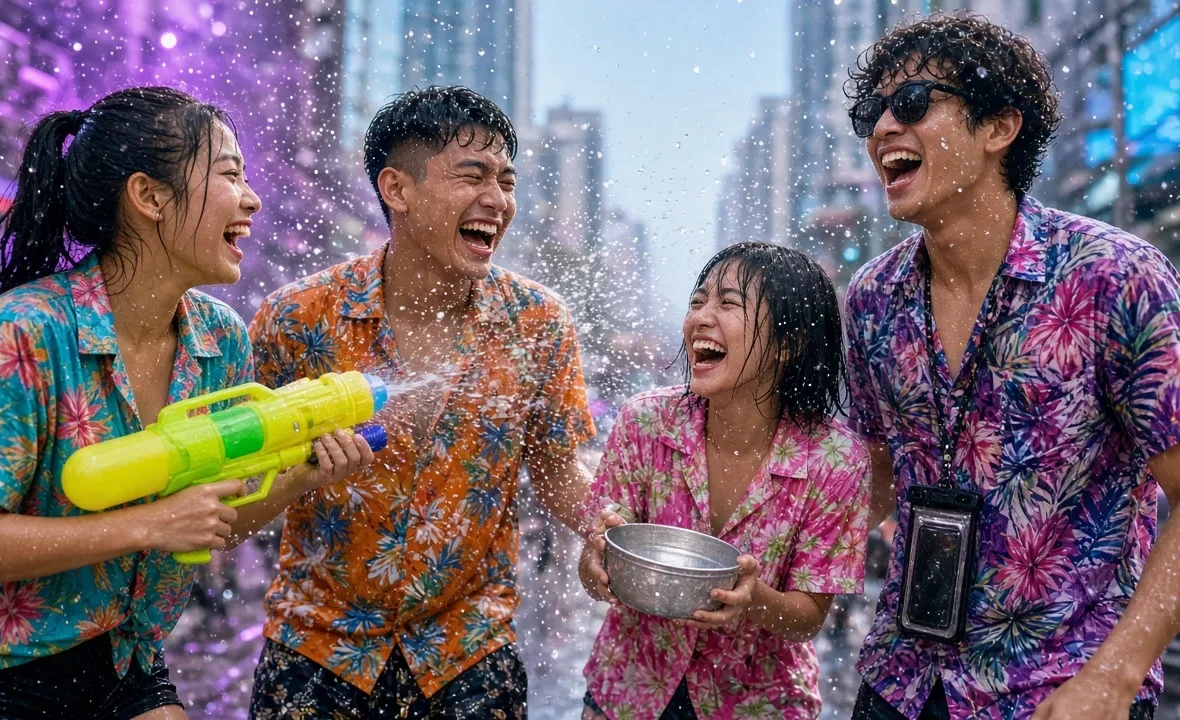Young Thai friends in floral shirts laughing in a water fight on a Bangkok street during Songkran