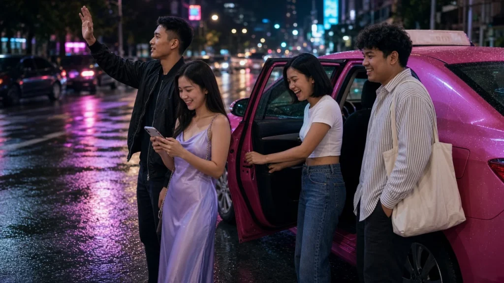 Four young Thai friends hailing and getting into a pink metered taxi on a wet Bangkok street at night