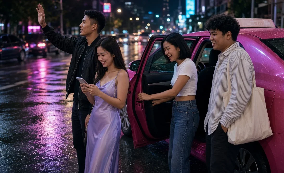 Four young Thai friends hailing and getting into a pink metered taxi on a wet Bangkok street at night