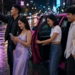 Four young Thai friends hailing and getting into a pink metered taxi on a wet Bangkok street at night