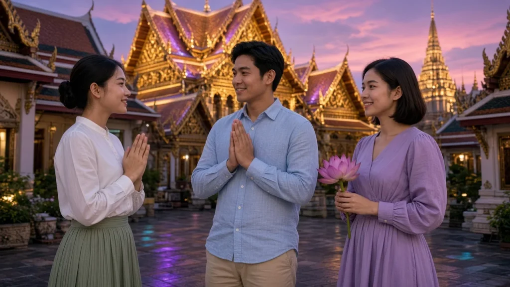 Young Thai adults greeting each other with a wai in a Bangkok temple courtyard at dusk