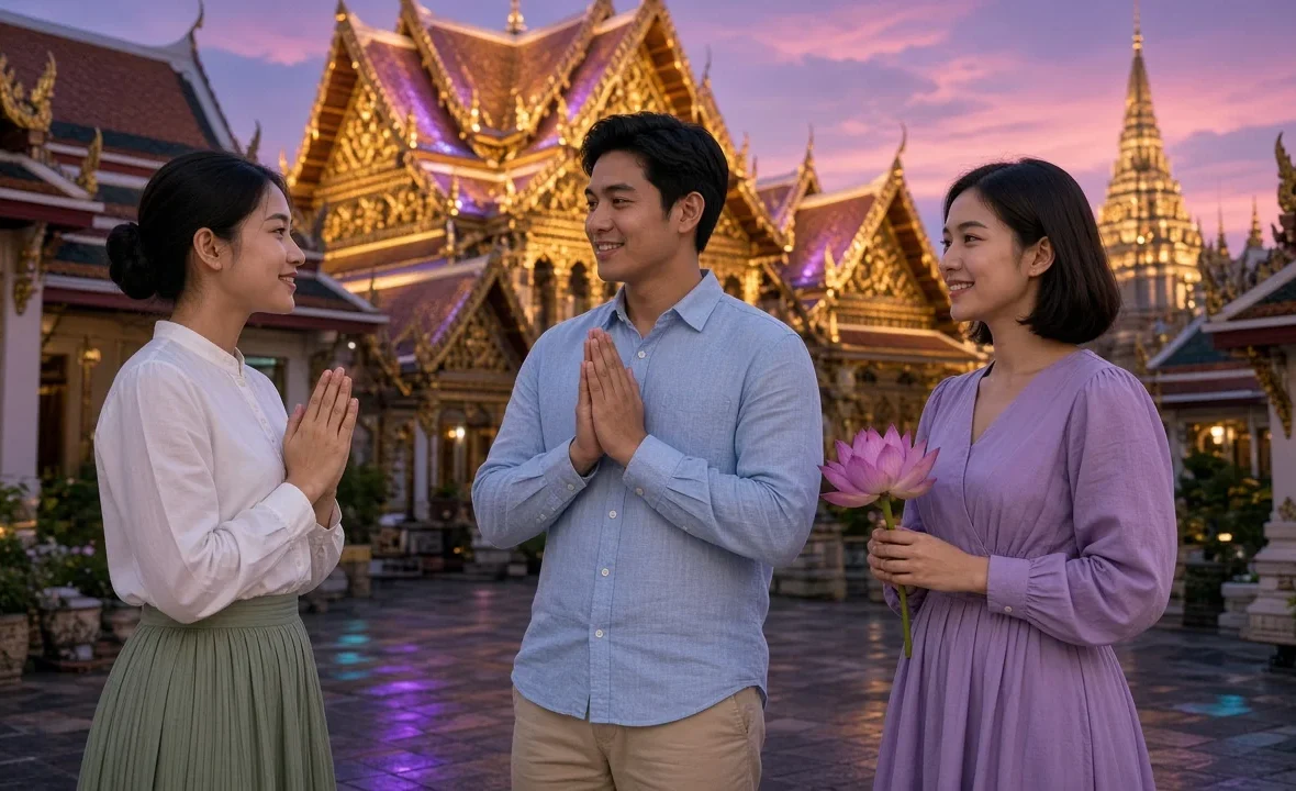Young Thai adults greeting each other with a wai in a Bangkok temple courtyard at dusk